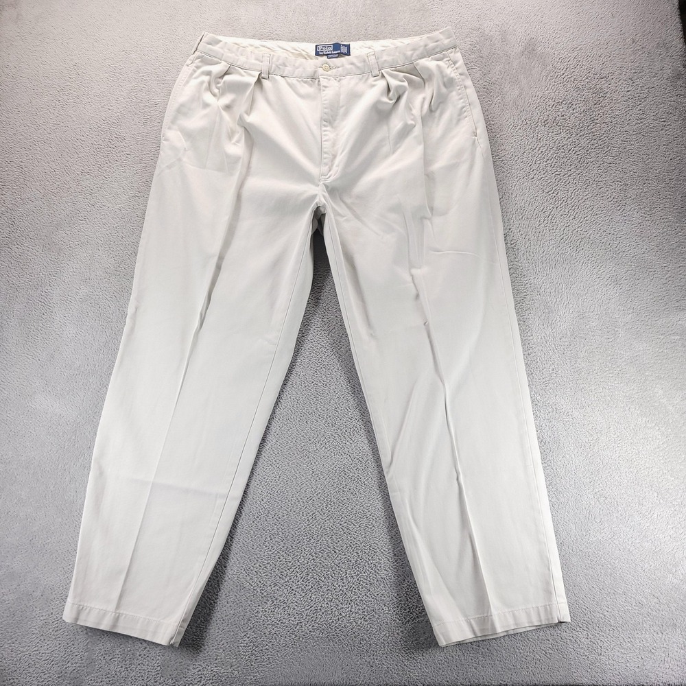 VTG Polo Ralph Lauren Pants Mens 42x32 Beige Andrew Pleated Chino Trousers